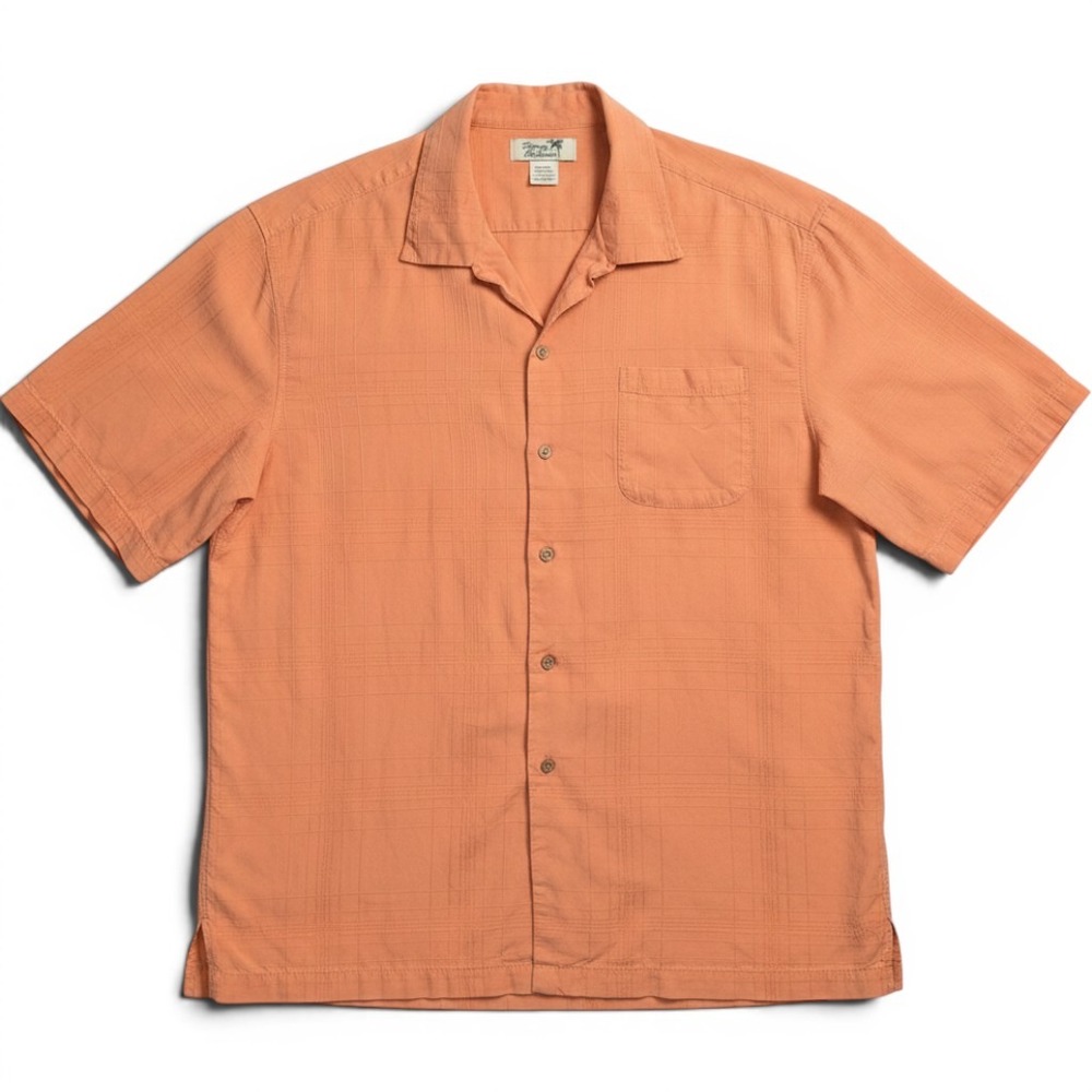 Tommy Bahama Shirt Mens XL Orange 100% Silk Short Sleeve Camp Button Up Textured
